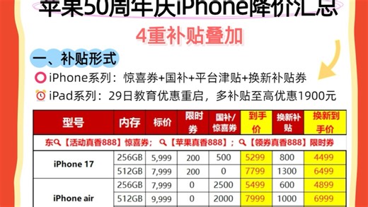 苹果50周年庆活动火热开启！苹果全系降价。惊喜券限时补贴叠加国补和焕新补贴教育优惠，力度超过双11。