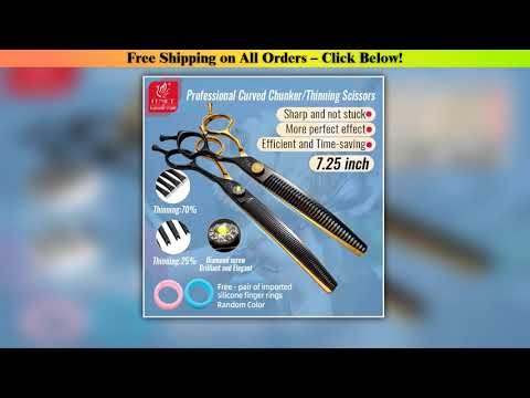 Fenice Professional 7.25 Inch Black Gold Dog Grooming Scissors Curved Thinner Chunker Scissors