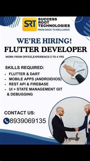 Success Root Technology | 🚀 We’re Hiring — Flutter Developer (3–4 Years Experience) Success Root Technologies is looking for a passionate Flutter Developer to join... | Instagram
