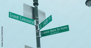 Close Up Pan Right of the Street Signs at Grand Concourse and East 149th Street in the Bronx New York City