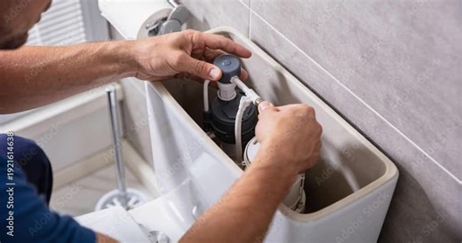 Man repairs toilet tank mechanism plumbing maintenance indoors
