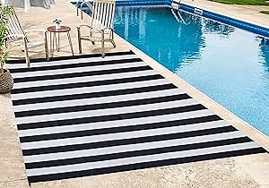 FH Home Outdoor Camping Rug - Waterproof, Fade Resistant, Reversible - Premium Recycled Plastic - Striped - Picnic, Patio, Deck, Sunroom, RV - Brittany Stripe - Black & White - 4 x 6 ft Foldable