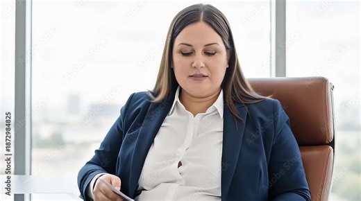 Businesswoman sitting in office chair, relaxing with hand on desk and window background, corporate professional attire