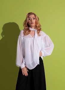 White Chiffon Boho Blouse | Women's Puff Sleeve Tie Neck Blouse - Etsy