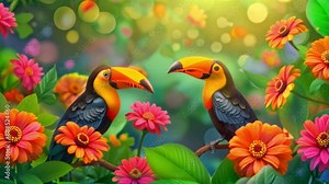 Two toucans with large yellow bills perch on branches in a tropical garden filled with lush green foliage and colorful flowers. The toucans are facing each other, appearing to be in conversation.