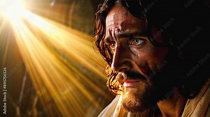 Jesus Christ face portrait in rays of light realistic animation -- 4k stock video footage AI