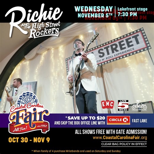 💃 Dust off your dancing shoes — it’s Rock ’n’ Roll Night at the Coastal Carolina Fair! Join Richie and the High Street Rockers TONIGHT at 7:30 PM on the Lakefront Stage for a high-energy, vintage rock experience that’ll take you straight back to the jukebox era! 🎵 🎟️ SAVE UP TO $20 when you grab your tickets online or at Circle K, and skip the box office line using the Circle K Fast Lane at the gates! 🎶 All entertainment and concerts are FREE with gate admission! 📍 Exchange Park, Ladson SC 