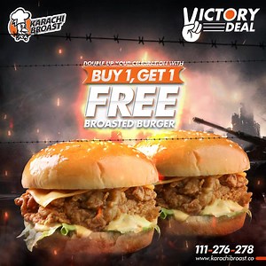 Victory Deal :) Double up your Celebration with Buy 1 Get 1 FREE Broasted Burger. Order Online: www.karachibroast.co/ For Delivery: 021-111-276-278 (BROAST) * This deal is not available at Boat basin, Clifton Block 2 and Rizvia outlets. * Valid from 6th to 8th September. * Valid on dine out, takeaway & delivery. #KarachiBroast #OrderOnline #QualityBroastingSince1982 #victorydeal #DefenceDay #broastedburger #buy1get1free #delivery | Karachi Broast