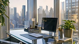 Modern office workspace with laptop and city skyline view. Corporate business environment.