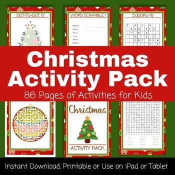 Christmas Activities Pack for Kids, Word Search, Word Scramble, Dot-to-Dot...