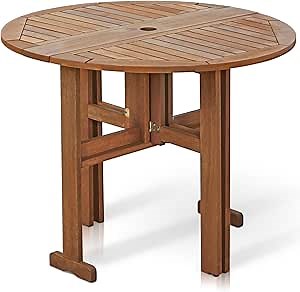 Furinno FG17035 Tioman Hardwood Patio Furniture Gateleg Round Table in Teak Oil, Natural