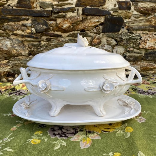 Large Earthenware Tureen, White Art Nouveau Style Tureen Decorated With Roses - Etsy