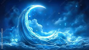 Dreamlike night sky with crescent moon and glittering stars in a mystical blue landscape