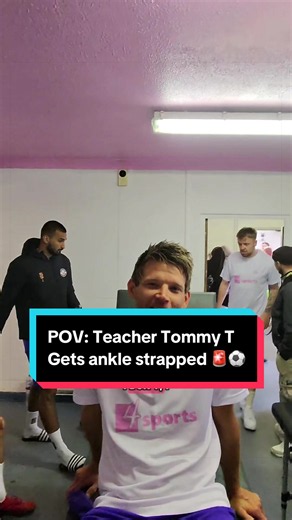 POV: @⭐ Teacher Tommy T ⭐ gets his ankle strapped before playing match, a brilliant interaction with lots of funny moments, and an even funnier guy 🤣 we strapped his ankle as he had broken in a few years back and feels more comfortable playing 🫡#sportstherapist #footballtiktok #pov #fyp #anklepain