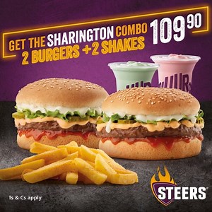 With the Steers Sharington Combo, sharing is an option! Only R109.90 for two saucy 100% pure beef burgers with cheese sauce, two ridiculously thick shakes and the famous Steers hand-cut chips. Tell us in the comments below who you’d share this meal with and why for a chance to win Sharington Combo vouchers to the value of R219,80. Visit https://app.steers.co.za/ for more. #PerfectforSharing | Algoa FM