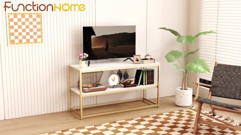 Function Home TV Stand for TVs up to 50 Inch, 3 Tier Entertainment Center, Modern TV Cabinet with Marble Top and Gold Metal Base, 42" Media Console Table with Storage for Living Room Bedroom