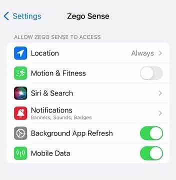 Zego Sense app - How to turn on motion & fitness sensor in settings (Apple - iOS)