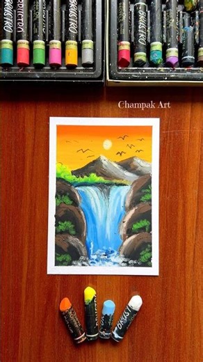Easy Sunset Waterfall Drawing 🌅🎨 | Oil Pastel for Beginners #shorts #youtubeshorts #drawing