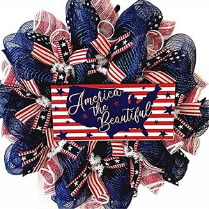 America The Beautiful Stars and Stripes Patriotic Handmade Deco Mesh Wreath Available in 24 inch and 28 inch diameters