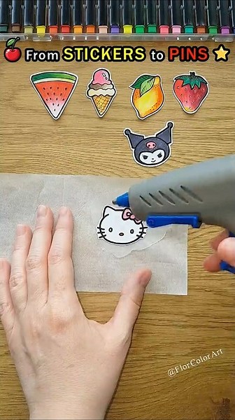 🍒STICKERS to PINS⭐NO SHRINK PLASTIC🔥easy #art #hack #creative #satisfying #diy #hellokitty #kuromi