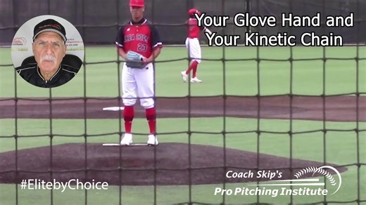 Your Glove Hand and Your Kinetic Chain Your glove hand position complements your upright posture and head position. Your glove hand palm under your chin keeps your body coiled and in a perfect physical position for maintaining central balance over the back leg. By keeping the mass of the glove and arm centered over the body's midline, it naturally promotes a good, controlled weight shift where the energy is directed linearly down the mound. Your glove hand palm in any other position incorrectly 