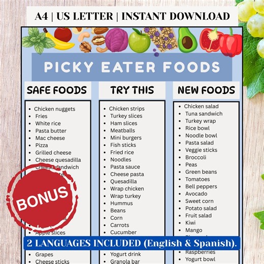 Picky Eater Food Chart Printable, Kids Food Ideas for Picky Eaters, Safe Foods List for Kids, English Spanish PDF Download - Etsy