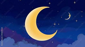 A yellow crescent moon and stars are shining brightly in the night sky