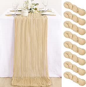 MLMC 8 Pack Champagne Table Runner 10ft Rustic Sand Cheesecloth Table Runner Bulk 35x120 Inches Neutral Gauze Cheese Cloth Centerpiece for Outdoor Wedding Bridal Shower Gathering Party Decor