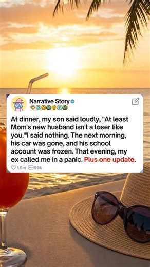 63K views · 495 reactions | At dinner, my son said loudly, at least mom's new husband isn't a loser like you, I said nothing. The next morning, his car was gone, and his school account was frozen. That evening, my ex called me in a panic. #askreddit #redditposts #redditstorytime #aita #relationship #aitareddit #reddit | Sweet fun | Facebook