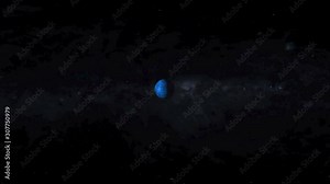 Space travel to blue planet in outer space and stars in background, classic blue Pantone color of the year 2020. Contains public domain image by Nasa