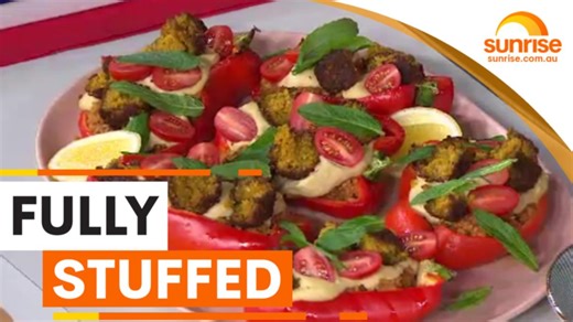 Loaded stuffed capsicums with hummus and falafel