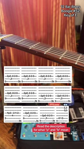 p = pull off, when you have a finger already pressing a fret… you pick the string then DRAG/PULL off the finger so the open string (or lower fret) makes a clear sound! b = bend, when you physically pull the string down towards the higher strings so it slightly changes the sound. 12 Bar Blues Boogie in the Key of E on guitar. #12barblues #bluesguitar #guitartabs #guitar | Jamparkguitar