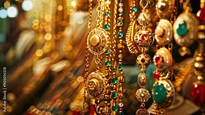 Traditional old oriental jewelry made of gold and gems, displayed in an old middle eastern jewelry store