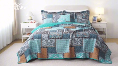 VAPUTAR Oversized King Size Quilt Bedding Set - Cotton California King Size Bedspreads (108 * 118 in) - Lightweight Floral Quilts for Farmhouse Bedroom (Teal/Green Chic, 3 Pieces)