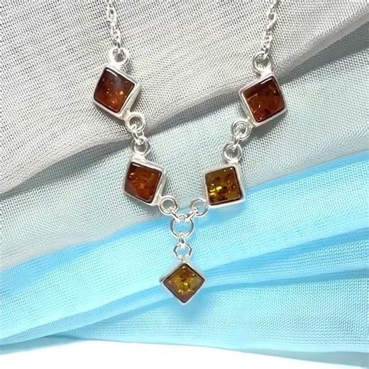 Real amber necklace sterling silver five stone drop pendant