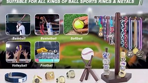 Baseball Ring & Drip Necklace Holder, Wooden Baseball or Softball Ring Display Holder with Baseball Stand, Baseball Accessories Decor, Men Gift for Baseball Players and Lovers