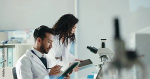 Microscope, tablet and research with people in laboratory for science, medical trial and microbiology. Virus study, pathogen report and immune cell experiment with scientist in clinic for innovation Stock Video