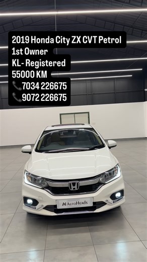 AUTOHEADS AUTOMOTIVE EXPERTS on Instagram: "2019 Honda City ZX CVT Petrol Automatic 🔻55000 KM 🔻1st ownership 🔻KL Registered with Fancy number 🔻Recently serviced from Honda 🔻Complete Honda Service History available 🔻Comprehensive Insurance Valid Till January 2027 🔻No accidents or replacements 🔻 Both Keys Available and Service Book 📞 70342 26675 📞 90722 26675 #hondacity #honda #keralacars #kerala #usedcarskerala"