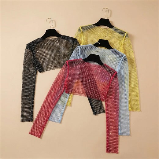 Rhinestone Mesh Crop Top, Sparkly Sheer Shrug, Festival Outfit, Rave Top, Y2K Clubwear, Long Sleeve Glitter Top, Layering Bolero - Etsy