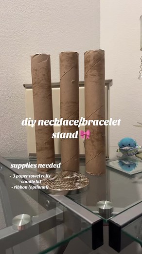 i was gonna buy one from the store, but i like this one better since its homeade🤍🎀 #jewlerystand #jewleryholder #necklaceholder #diy #diyjewleryholder