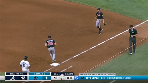 Eli White ranges to his left to make a diving grab, putting out Otto Lopez in the 8th inning. Via AtlantaBraves | Atlanta Braves Chop Live