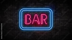 Bar Neon Light on Brick Wall. Night Club Blinking Neon Sign. Motion Animation. Video available in 4K FullHD and HD render footage