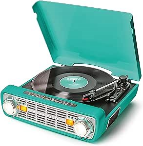 ION Audio Bronco LP-Vintage Turntable/Vinyl Record Player with Speakers, AM/FM Radio, USB and Aux inputs – Classic-Styled Teal Finish