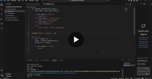 #python #codealpha #internship #chatbot #miniproject #programming #learningjourney | Varsha M