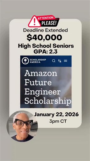 Paula Dofat | College Funding Strategist on Instagram: "Listen, high school seniors 👀 You still have time — and this one is BIG. The Amazon Future Engineer Scholarship is still OPEN, and no, it’s not just for engineering majors 🙌🏾💻 They’re awarding multiple scholarships, and one could absolutely have your name on it. Thought you missed it? You didn’t. But you do need to move. ⏰ New deadline: January 22, 2026 at 3 PM CT Here’s what you need 👇🏾 ✔️ Minimum 2.3 GPA ✔️ Planning to attend a 4-ye