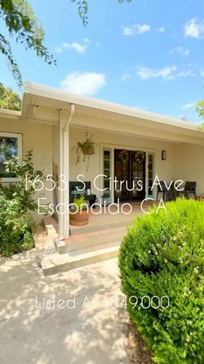 1653 S Citrus Ave | Escondido 4 Bed | 2 Bath | 1,330 SqFt | 20,038 SqFt Lot Offered at $849,000 🏡 Property Highlights: • completely remodeled • vaulted ceilings • recessed lighting • vintage wood 🪵 burning stove • new electrical & plumbing • gourmet chefs kitchen • gated private yard • almost 1/2 acre lot | build an ADU • fully matured pomegranate tree • new planted citrus trees & garden 🪴 • gorgeous vineyard across the street 🏡 OPEN HOUSE THIS WEEKEND 🏡 Saturday, Aug 3rd | 1-4pm Sunday, Au