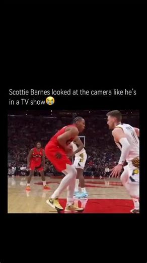 The Sports Room on Instagram: "“Scottie Barnes looked at the camera like he’s in a TV show” is a funny way of describing a moment where he gave a perfectly timed glance or expression straight into the camera — almost like a character in a sitcom breaking the fourth wall. In TV shows, when something wild or awkward happens, a character will look at the camera with a “Did you just see that?” face. So when people say this about Scottie, they mean his reaction was dramatic, self-aware, or unintentio