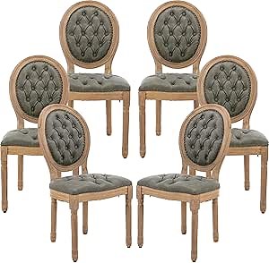 French Country Dining Chairs Set of 6, Olive Kitchen & Dining Room Chairs, Faux Leather Tufted Upholstered, Wood Legs, Sillas De Comedor (PU, Pine Green, 6Pcs)