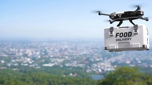 Food delivery drone, Autonomous delivery robot, Business air transportation concept.
