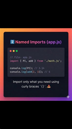 Tired of massive script files and global variable conflicts? 🤯 ​ES6 Modules are the standard way to organize and structure your JavaScript code. They allow you to break your code into small, reusable files and import them only where you need them. ​Swipe through to learn the difference between named exports (for multiple utilities) and default exports (for main components). This is a fundamental skill for any modern web developer! | Azizul hakim